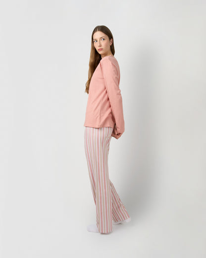 Pijama largo de algodón con escote pico raya ondea rosa