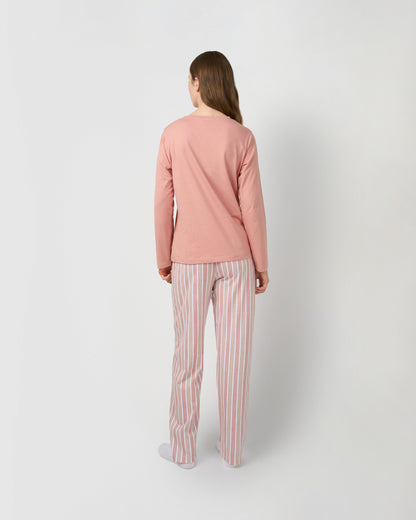 Pijama largo de algodón con escote pico raya ondea rosa