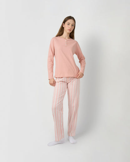 Pijama largo de algodón con escote pico raya zuri rosa