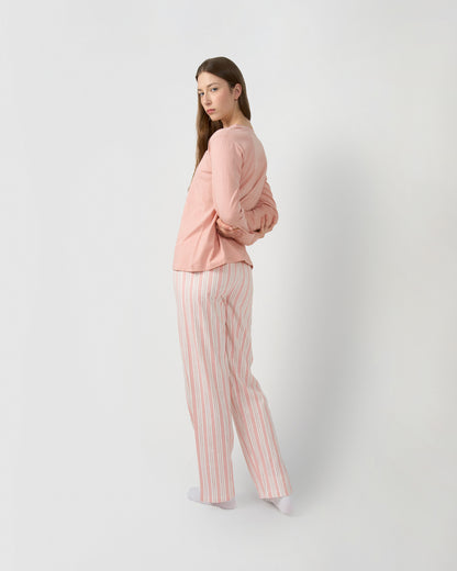 Pijama largo de algodón con escote pico raya zuri rosa
