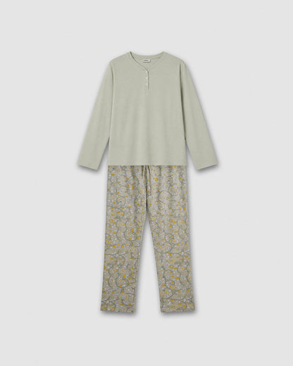 Pijama largo de algodón con escote pico seren verde