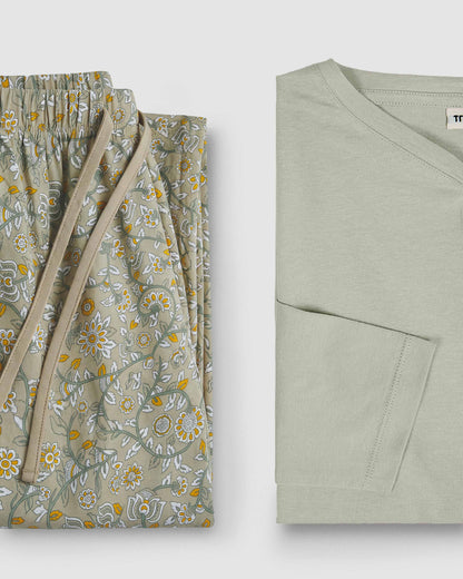 Pijama largo de algodón con escote pico seren verde
