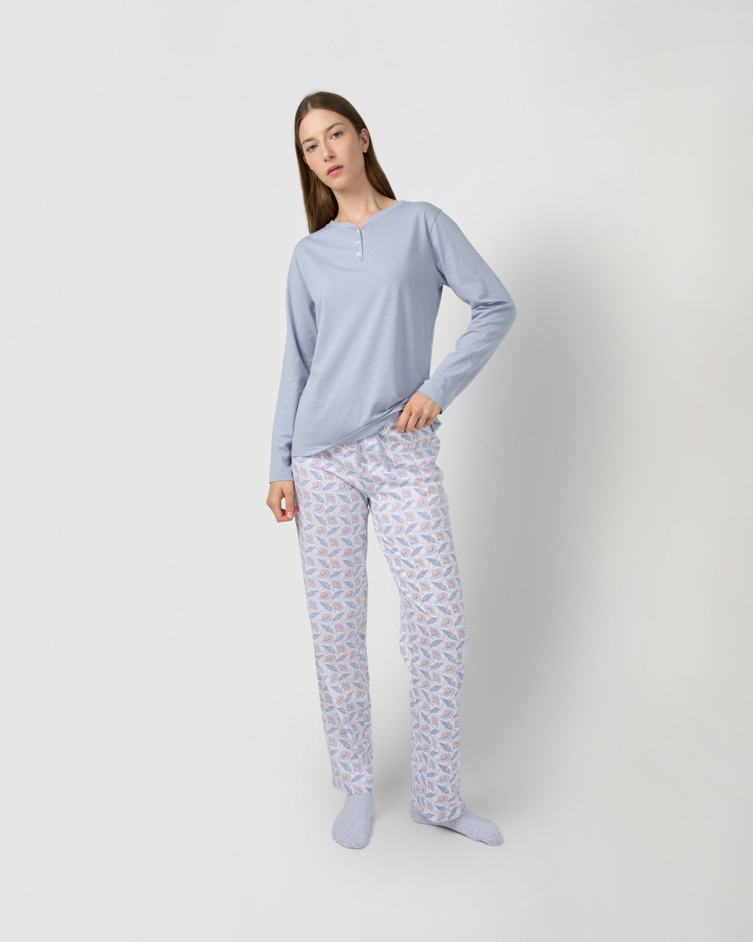 Pijama largo de algodón con escote pico solta índigo
