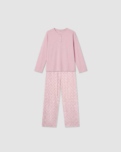 Pijama longo em algodão com decote em V upepo rosa