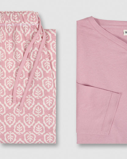 Pijama longo em algodão com decote em V upepo rosa