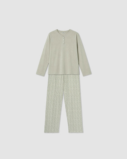 Pijama largo de algodón con escote pico yota verde
