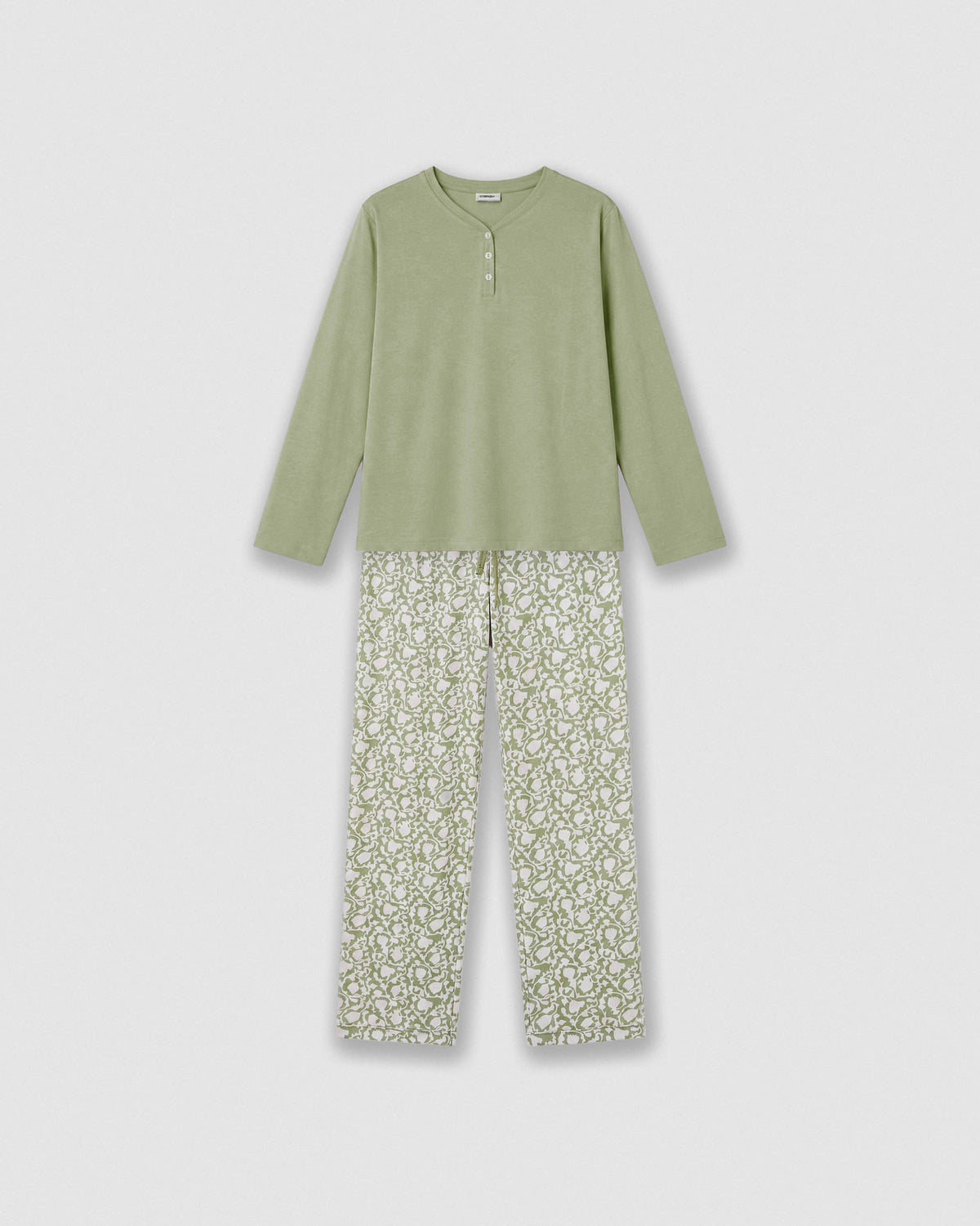 Pijama comprido de algodão com decote em V, verde Elma