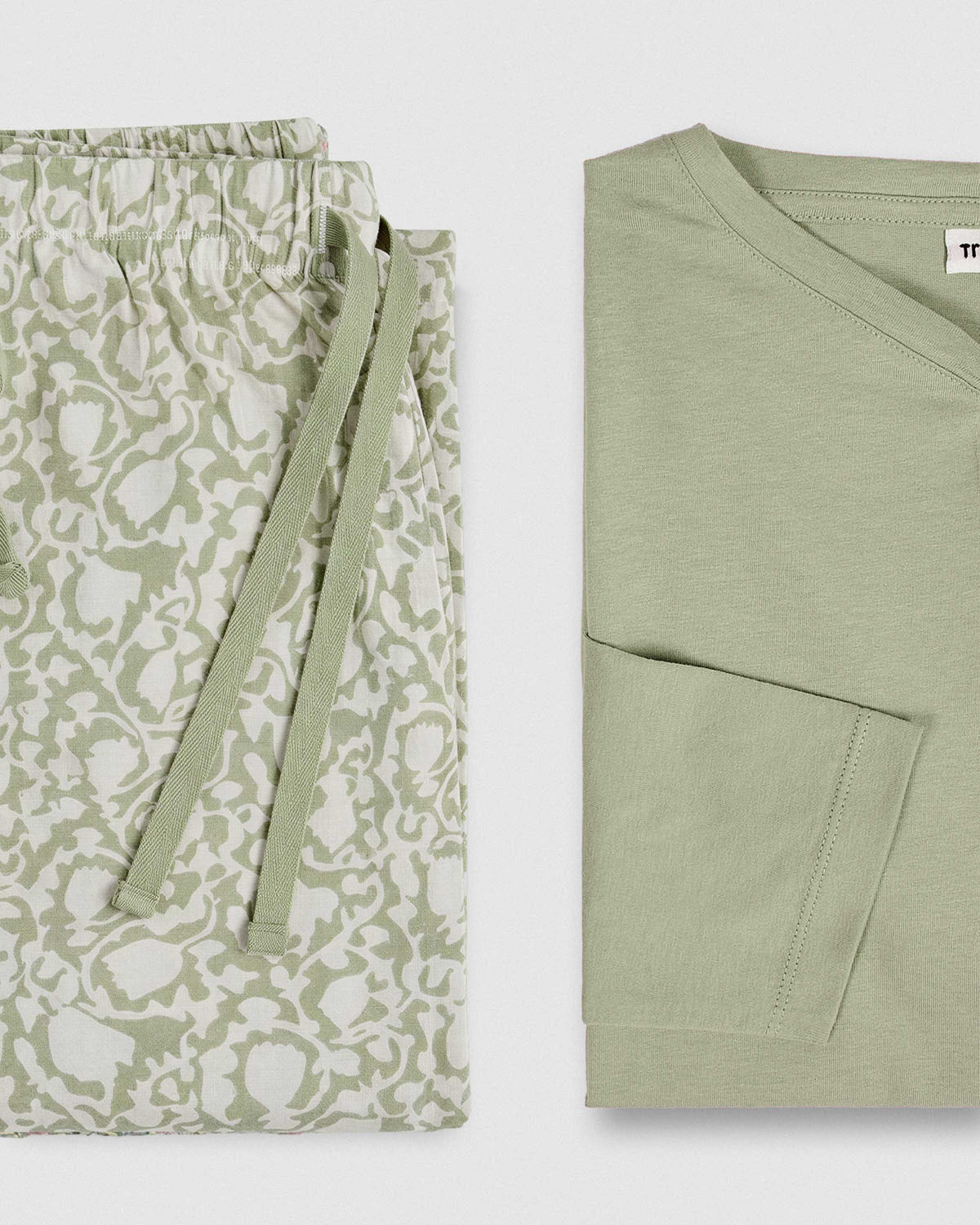 Pijama comprido de algodão com decote em V, verde Elma
