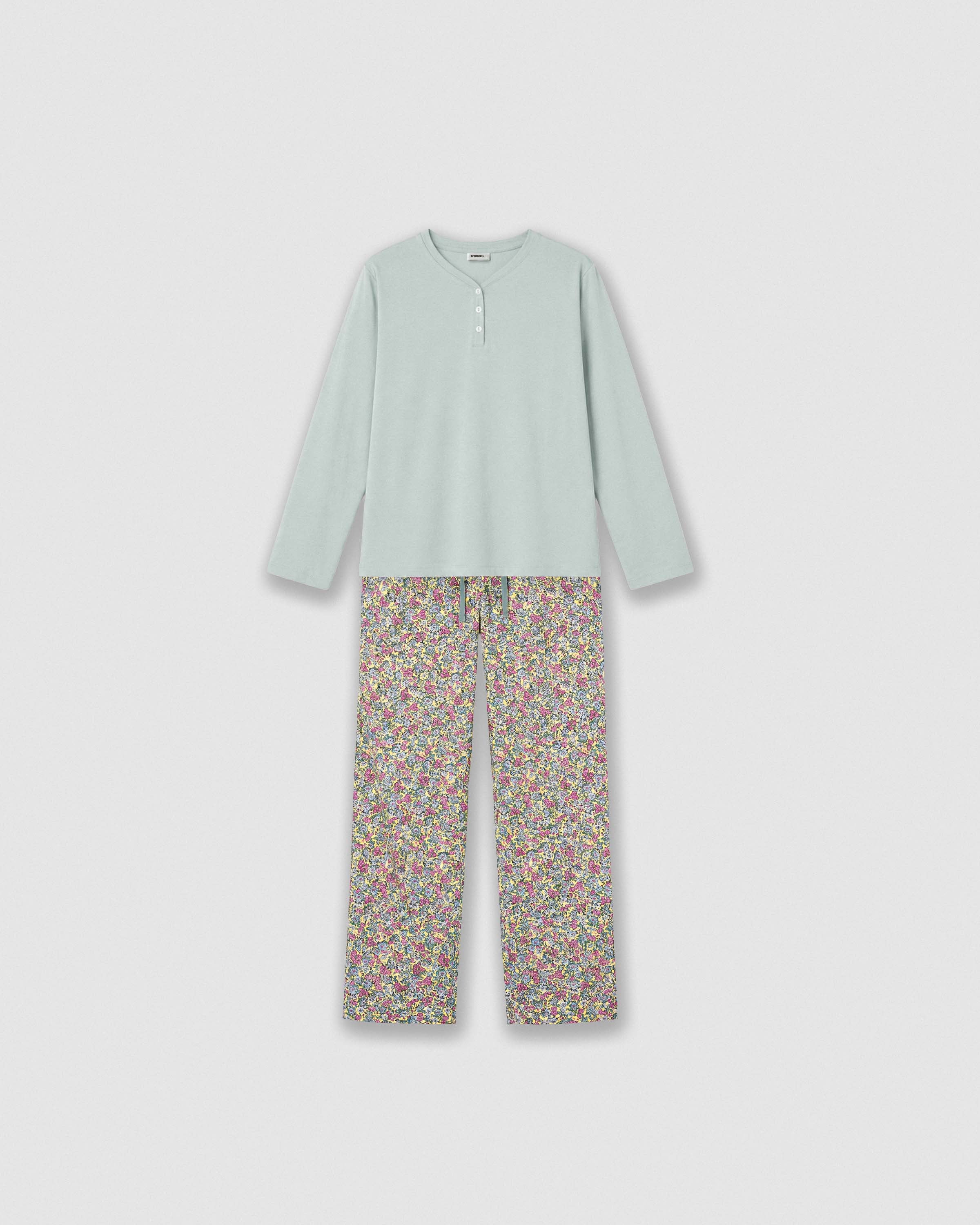 Pijama comprido de algodão com decote em V na cor verde-água