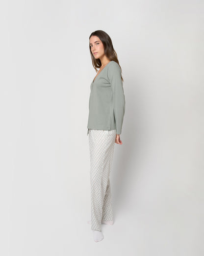 Pijama largo de algodón con escote pico nerdana verde menta