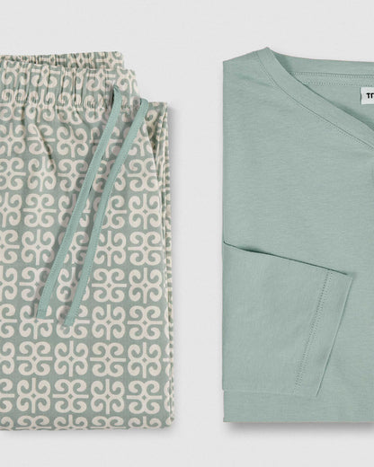 Pyjama long en coton vert Tiffany, motif Sagittaire, col en V