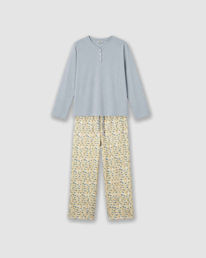 Pijama largo de algodón con escote pico domana azul agua