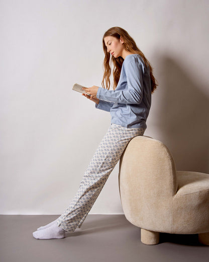 Pigiama lungo in cotone con scollo a v, arubi blu