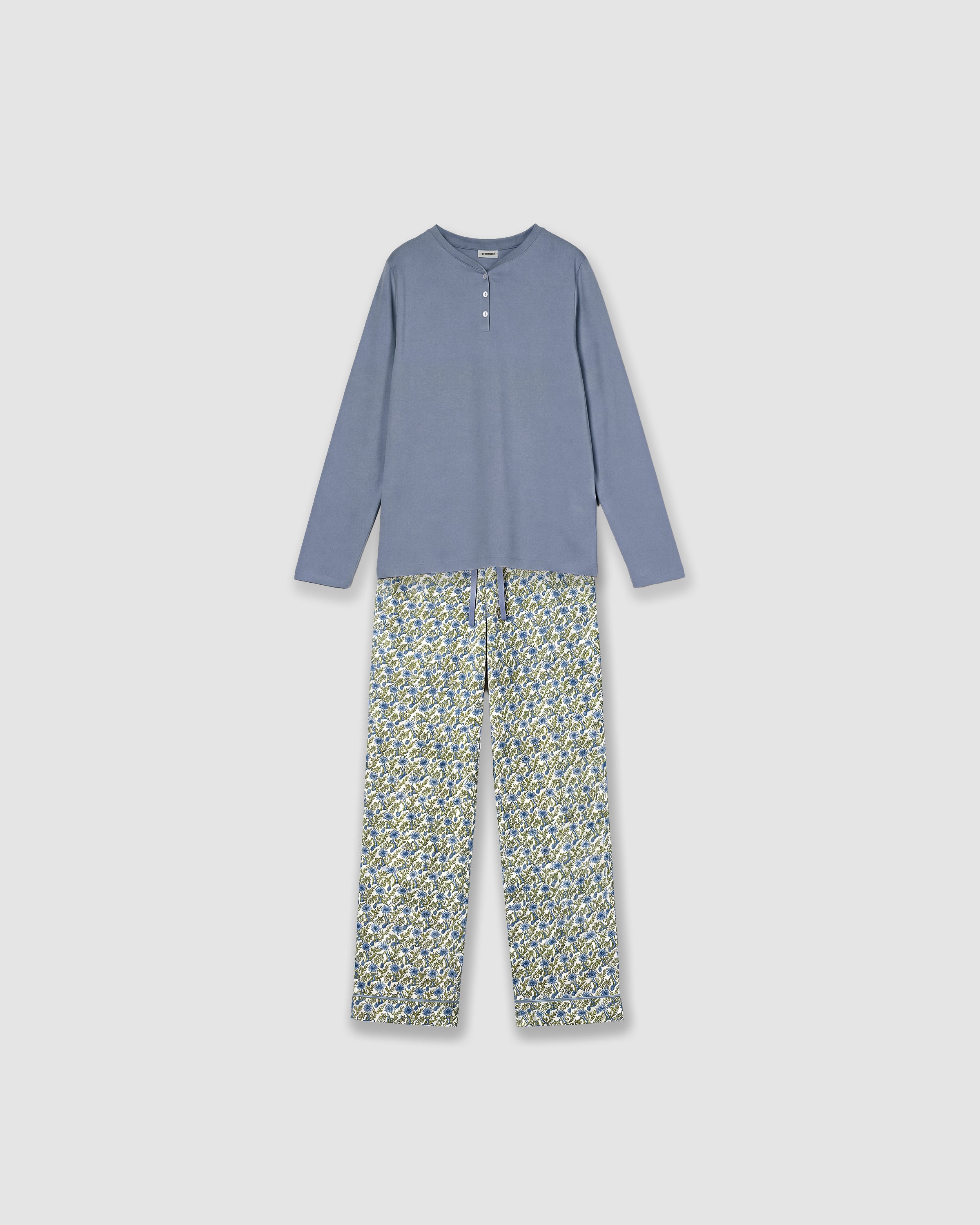 Pijama largo de algodón con escote pico irene azul
