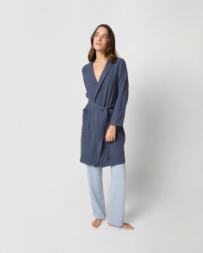 Wide stripe ribbed dressing gown blue