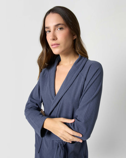 Wide stripe ribbed dressing gown blue