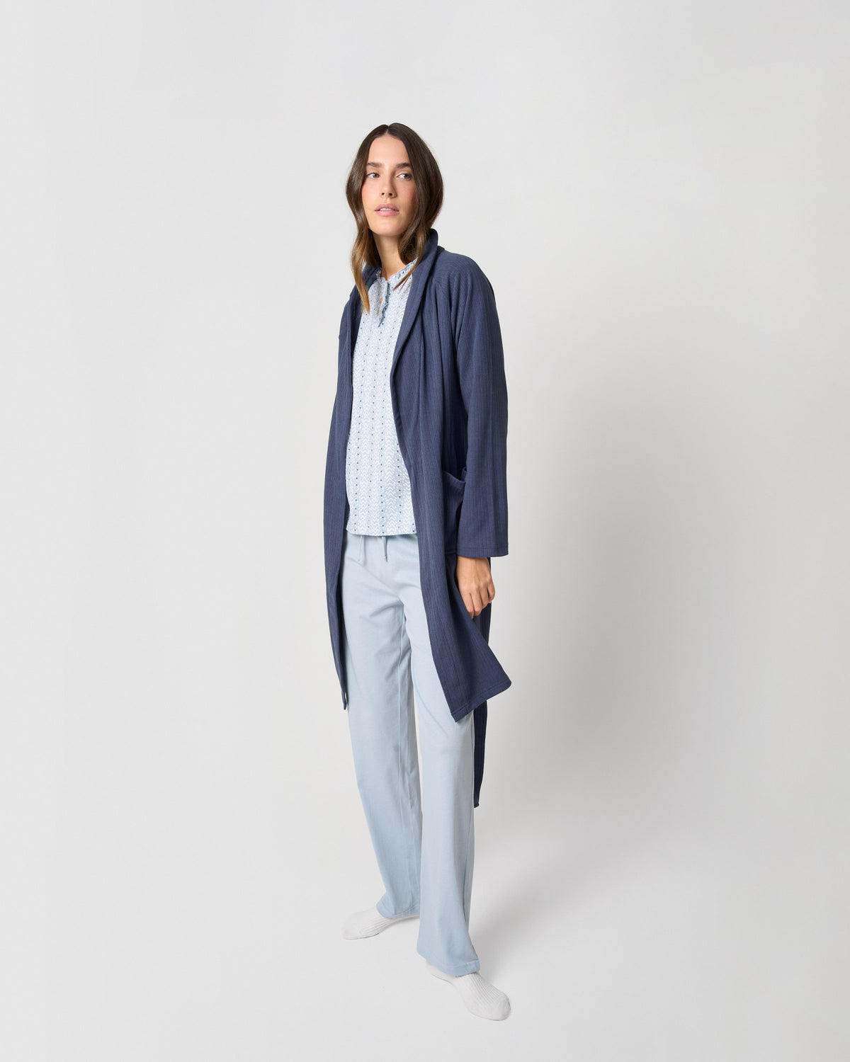 Wide stripe ribbed dressing gown blue