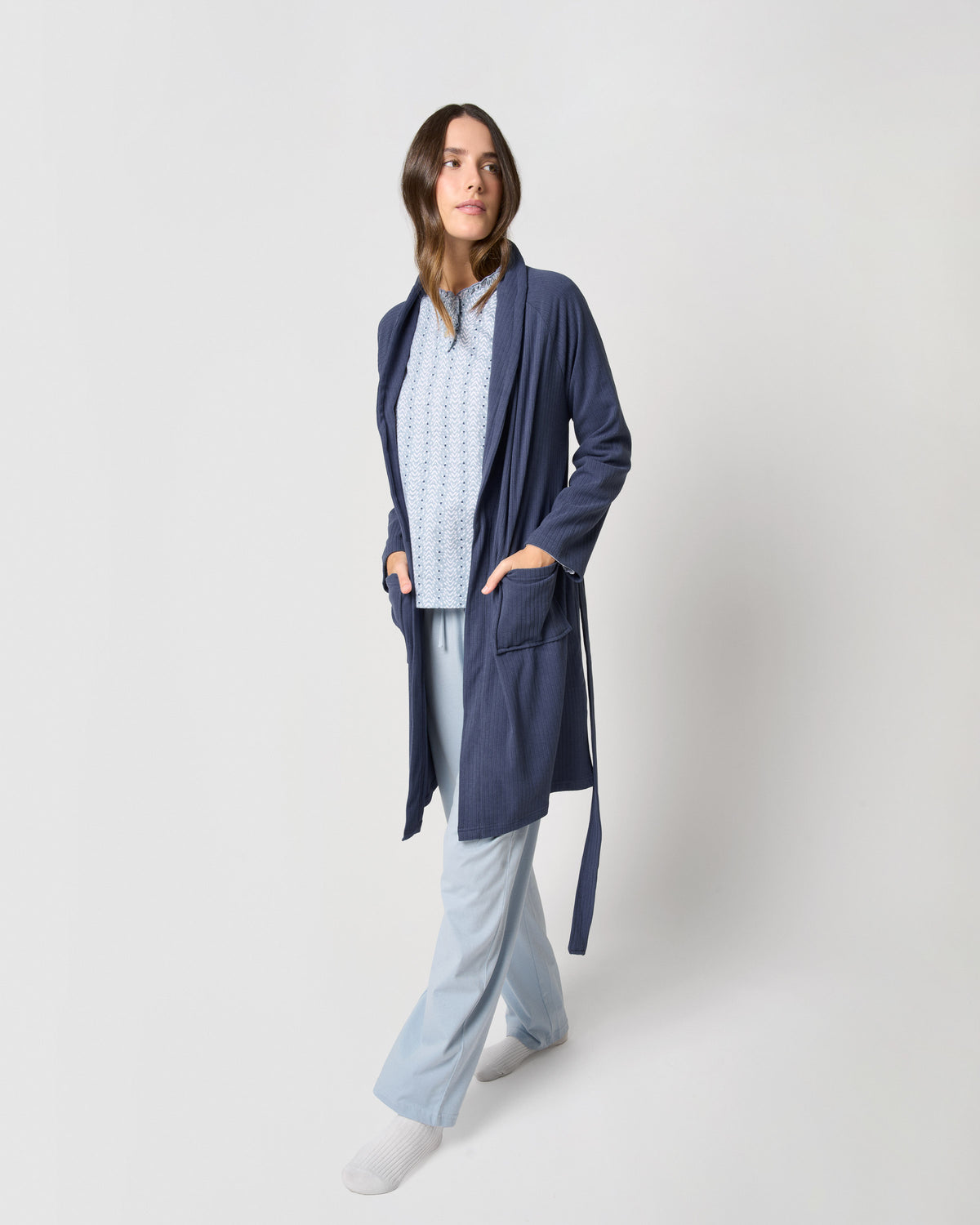 Wide stripe ribbed dressing gown blue