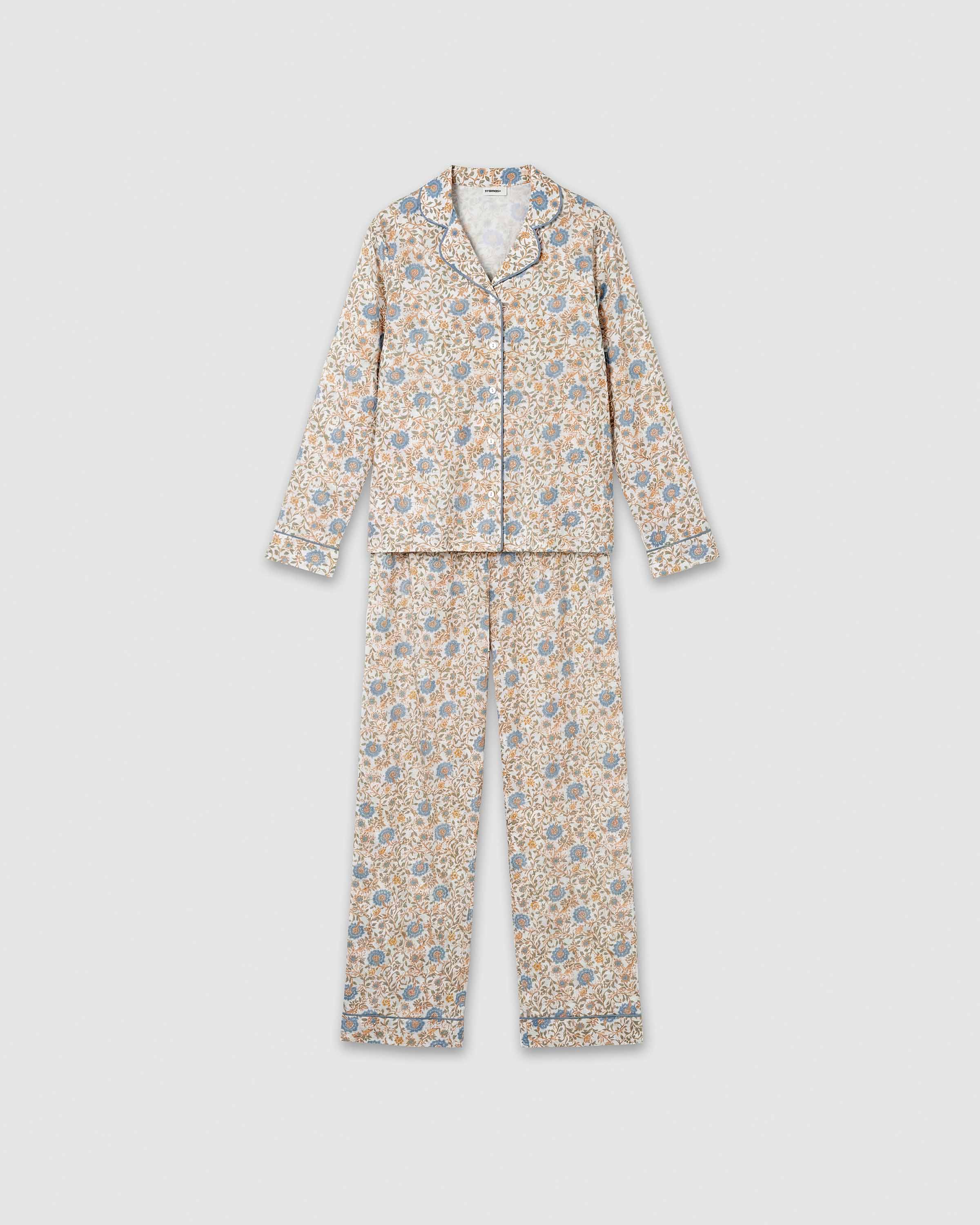 Pijama comprido tipo camisa em algodão gaia azul
