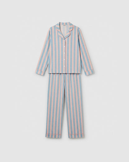 Pijama longo tipo camisa em algodão de riscas zena índigo