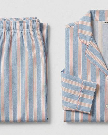 Pijama longo tipo camisa em algodão de riscas zena índigo