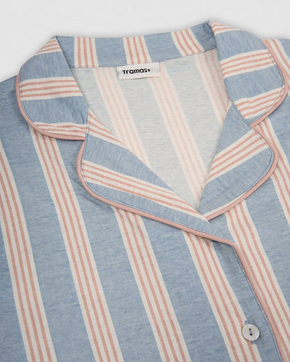 Pijama longo tipo camisa em algodão de riscas zena índigo