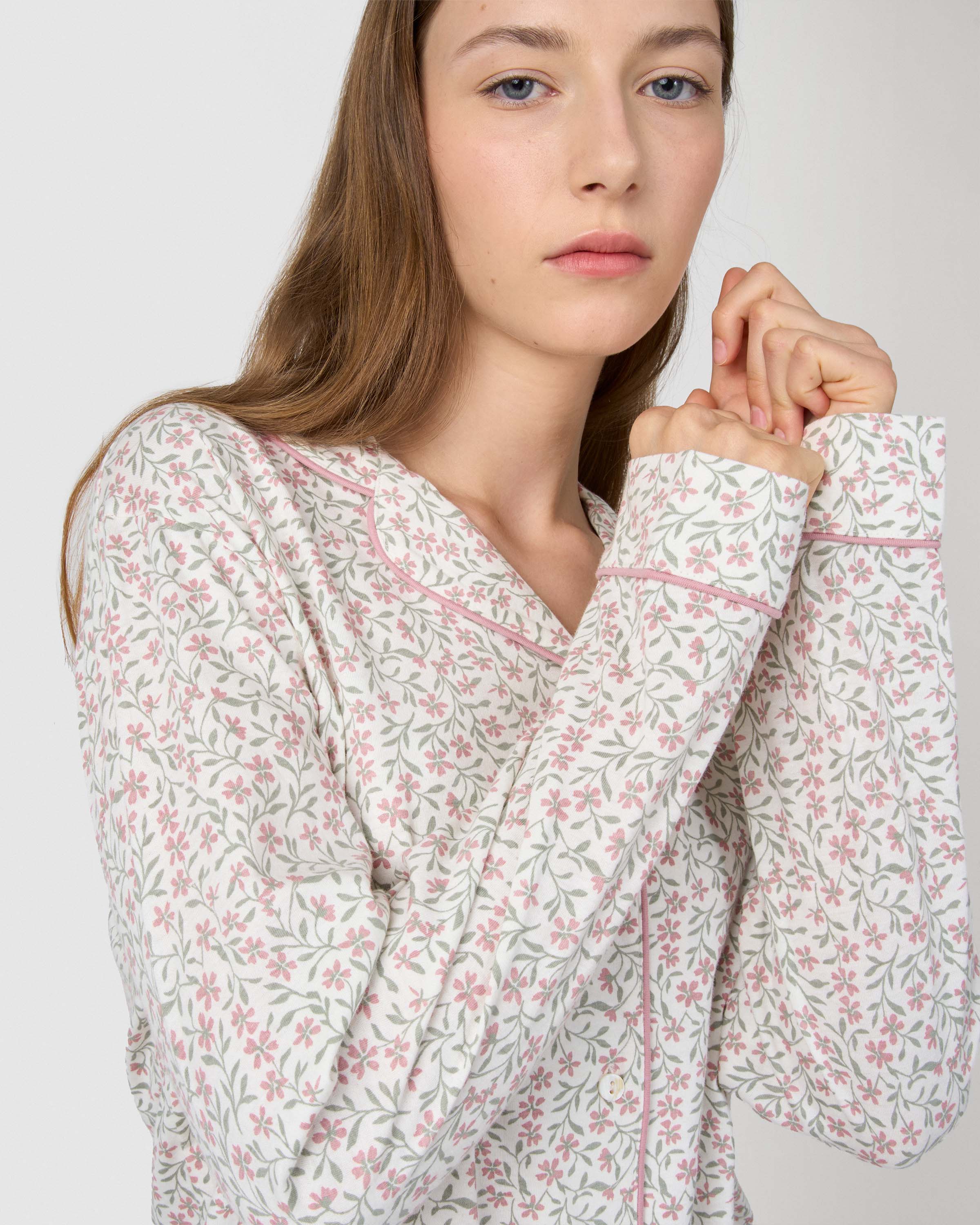 Pijama longo tipo camisa em algodão asili rosa