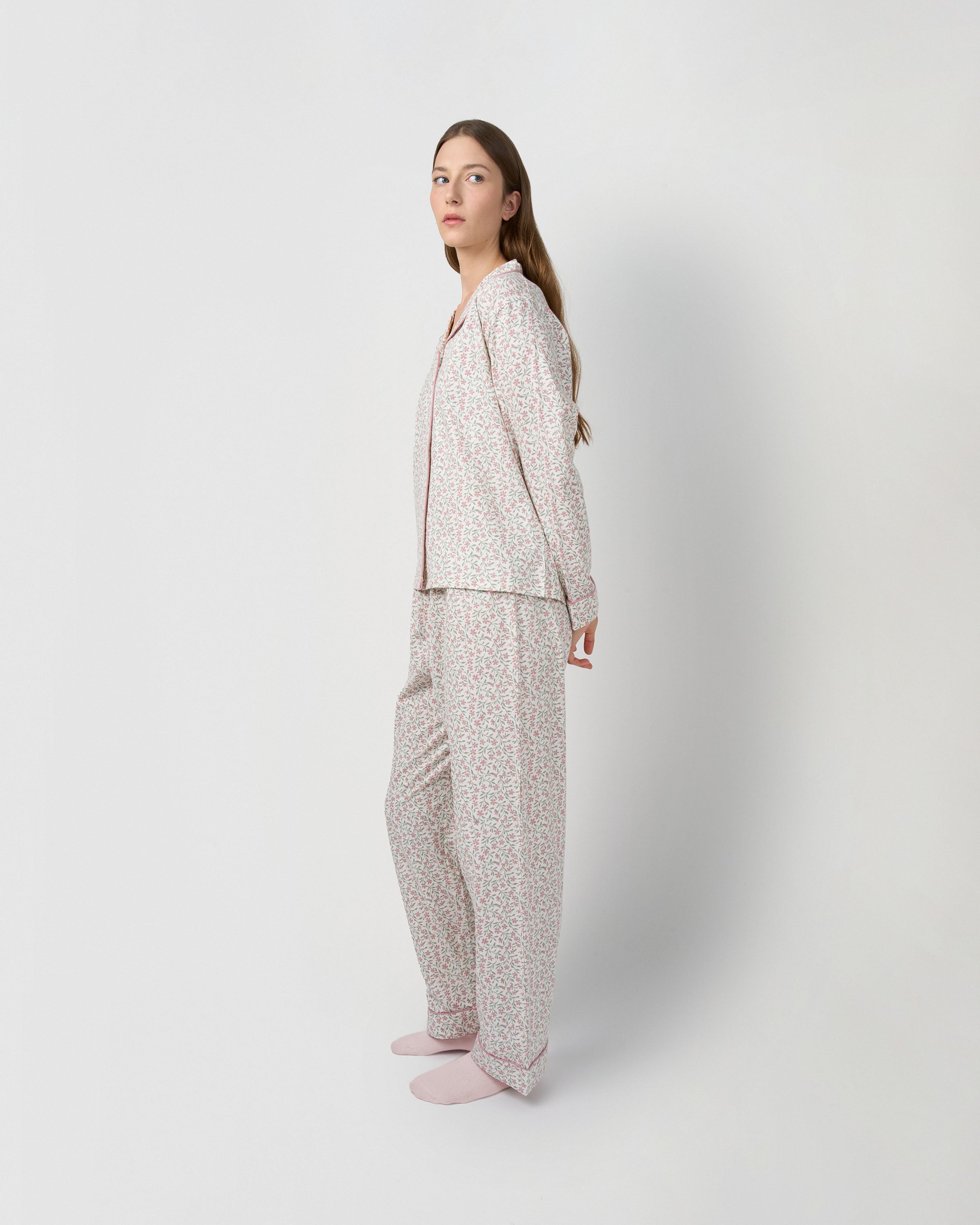 Pijama longo tipo camisa em algodão asili rosa