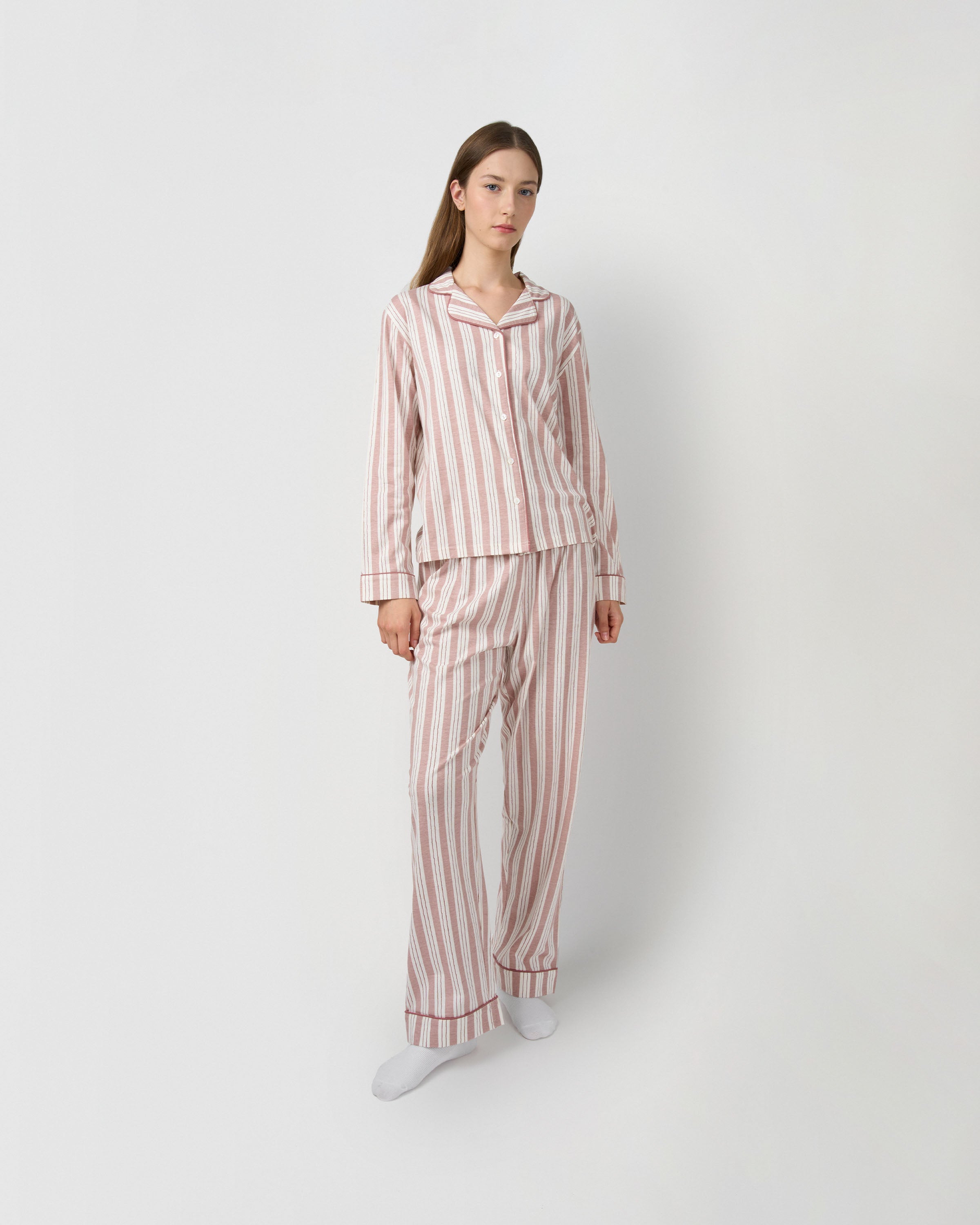 Pijama comprido tipo camisa em algodão às riscas zuri rosa
