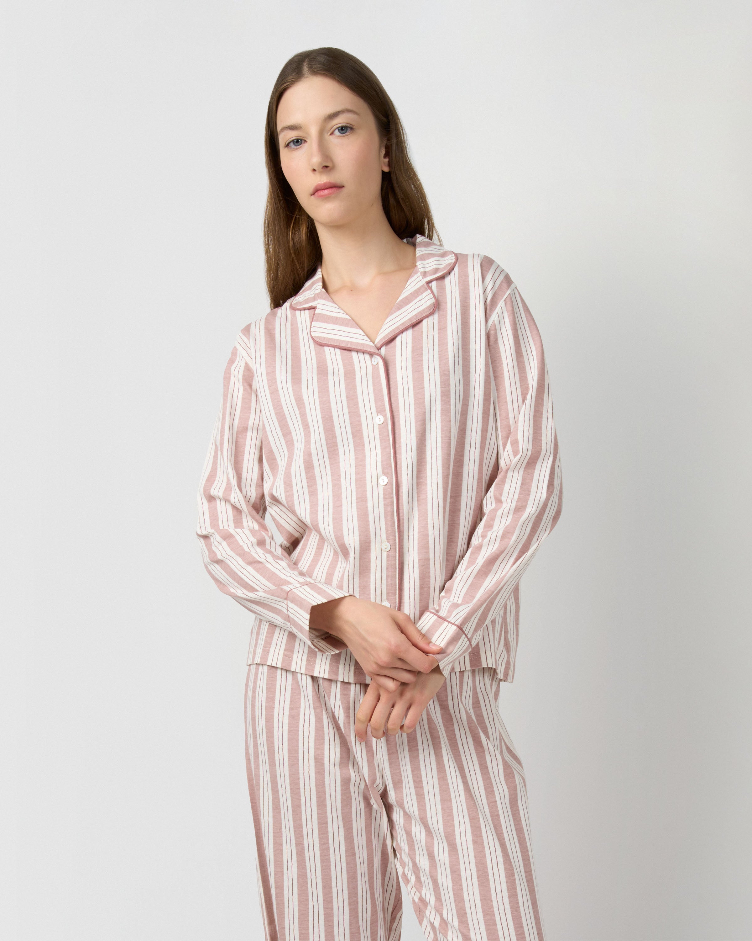 Pijama comprido tipo camisa em algodão às riscas zuri rosa