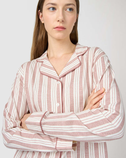Pijama comprido tipo camisa em algodão às riscas zuri rosa