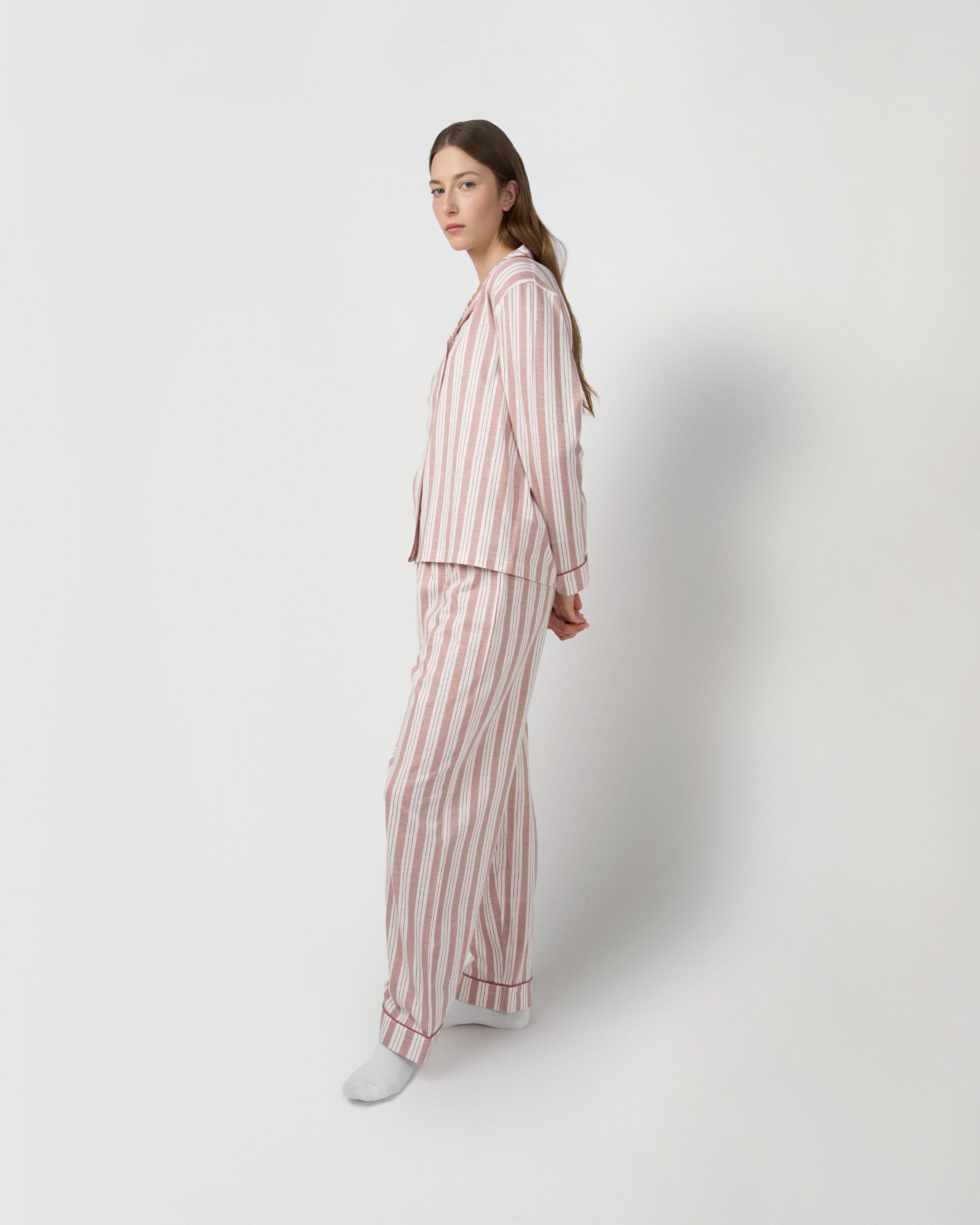 Pijama comprido tipo camisa em algodão às riscas zuri rosa