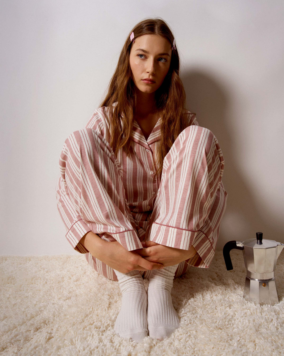 Pijama largo camisero algodón raya zuri rosa