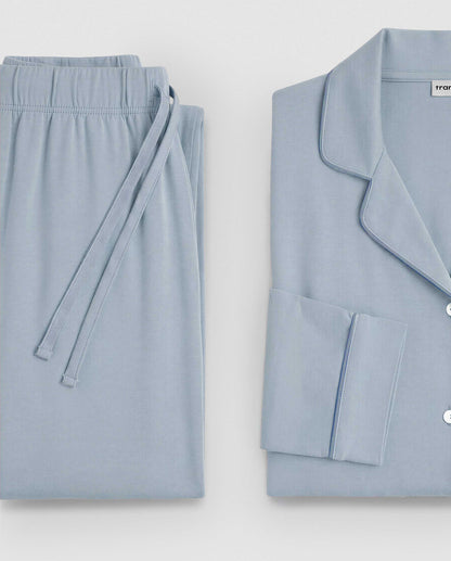 Pijama largo camisero algodón liso celeste