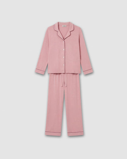 Pijama largo camisero algodón liso rosa