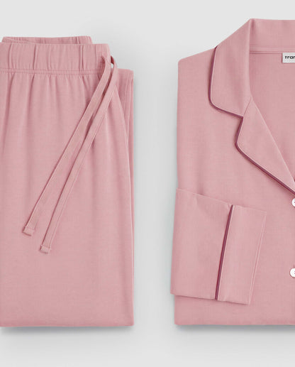 Pijama largo camisero algodón liso rosa