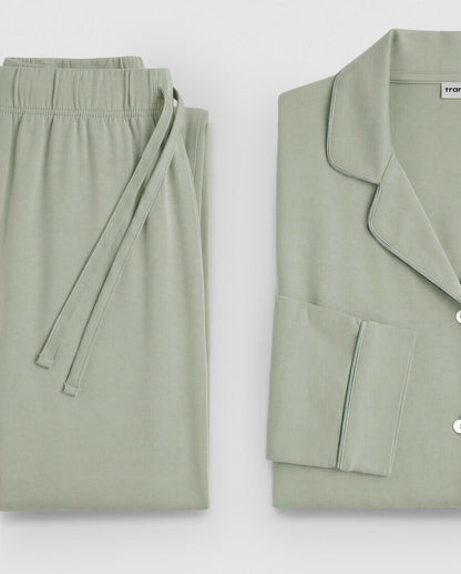Pijama largo camisero algodón liso verde