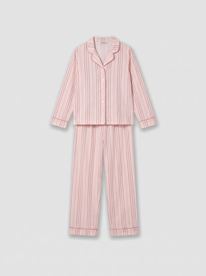 Pigiama lungo in cotone a camicia con righe martuca, rosa