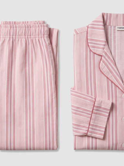 Pigiama lungo in cotone a camicia con righe martuca, rosa