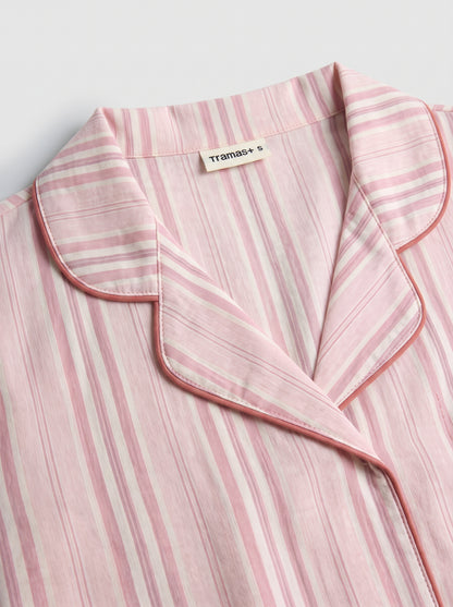 Pigiama lungo in cotone a camicia con righe martuca, rosa