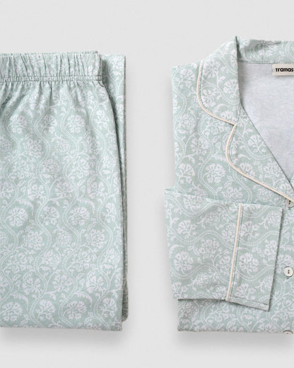 Pijama largo camisero algodón verao celeste