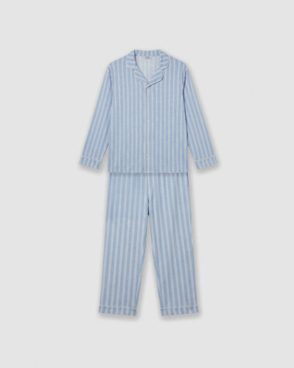 Pijama largo camisero algodón raya marsella celeste