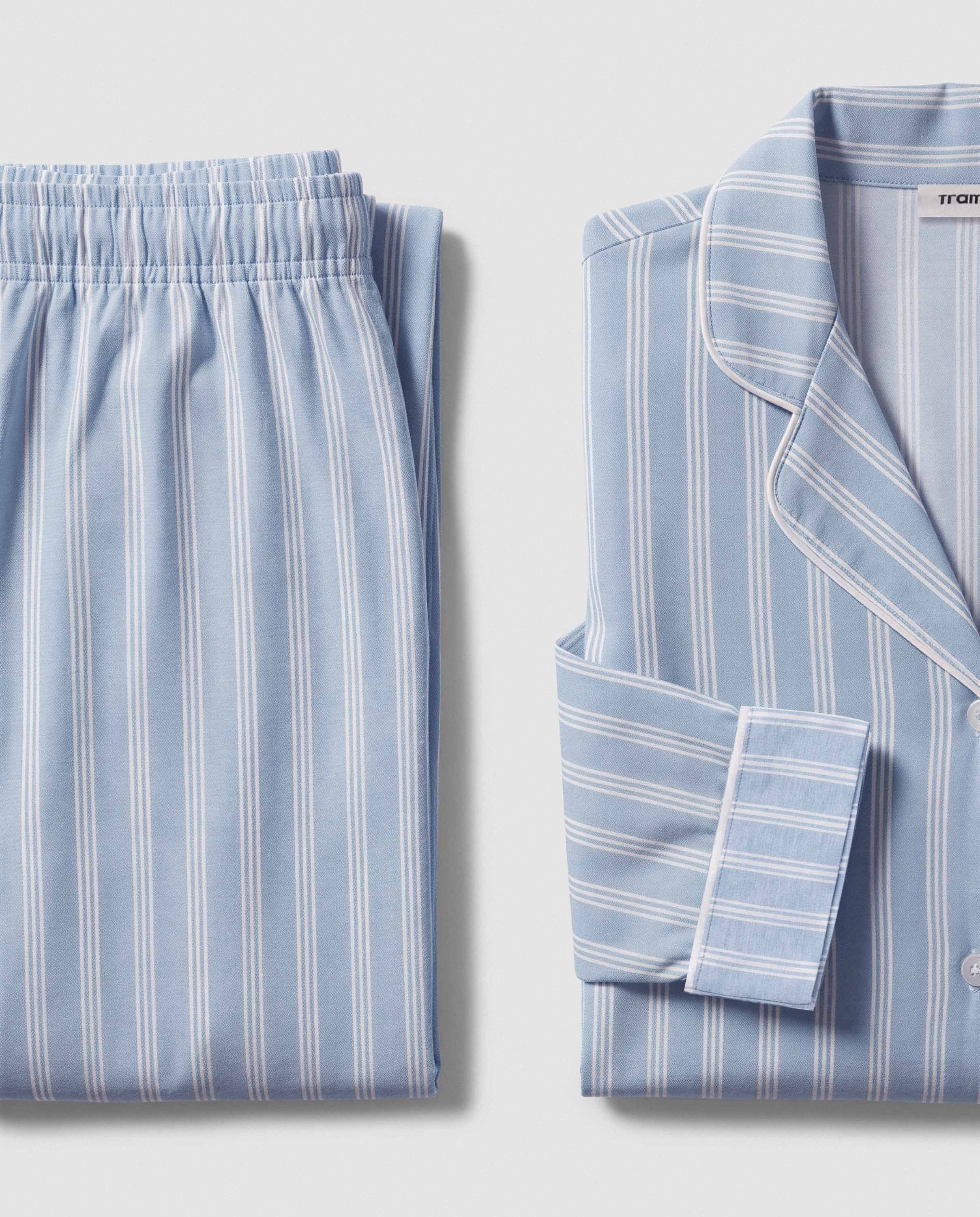 Pijama largo camisero algodón raya marsella celeste
