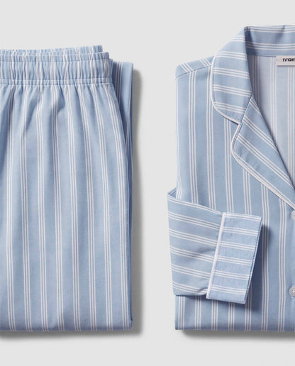 Pijama largo camisero algodón raya marsella celeste
