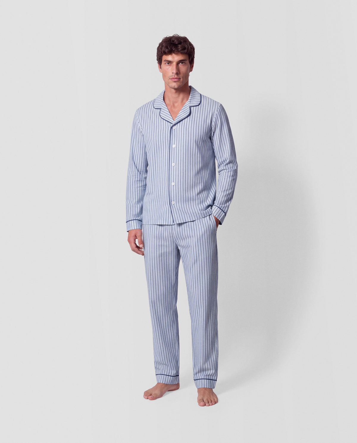 Pyjama long chemise coton rayures hermes bleu Marine