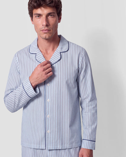 Pijama comprido camiseiro de algodão às riscas Hermes azul-marinho
