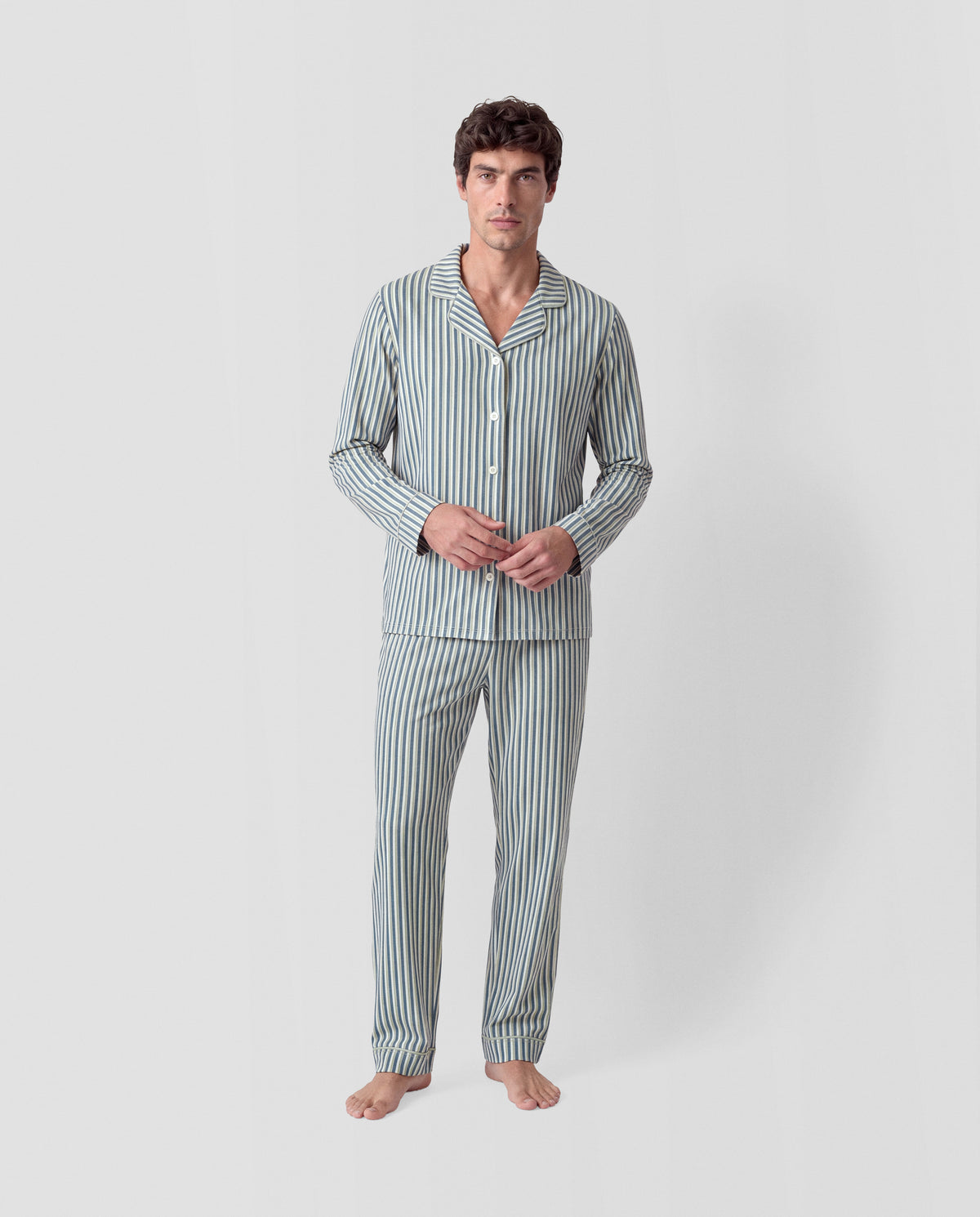 Pyjama long chemise coton rayures mare vert bleu