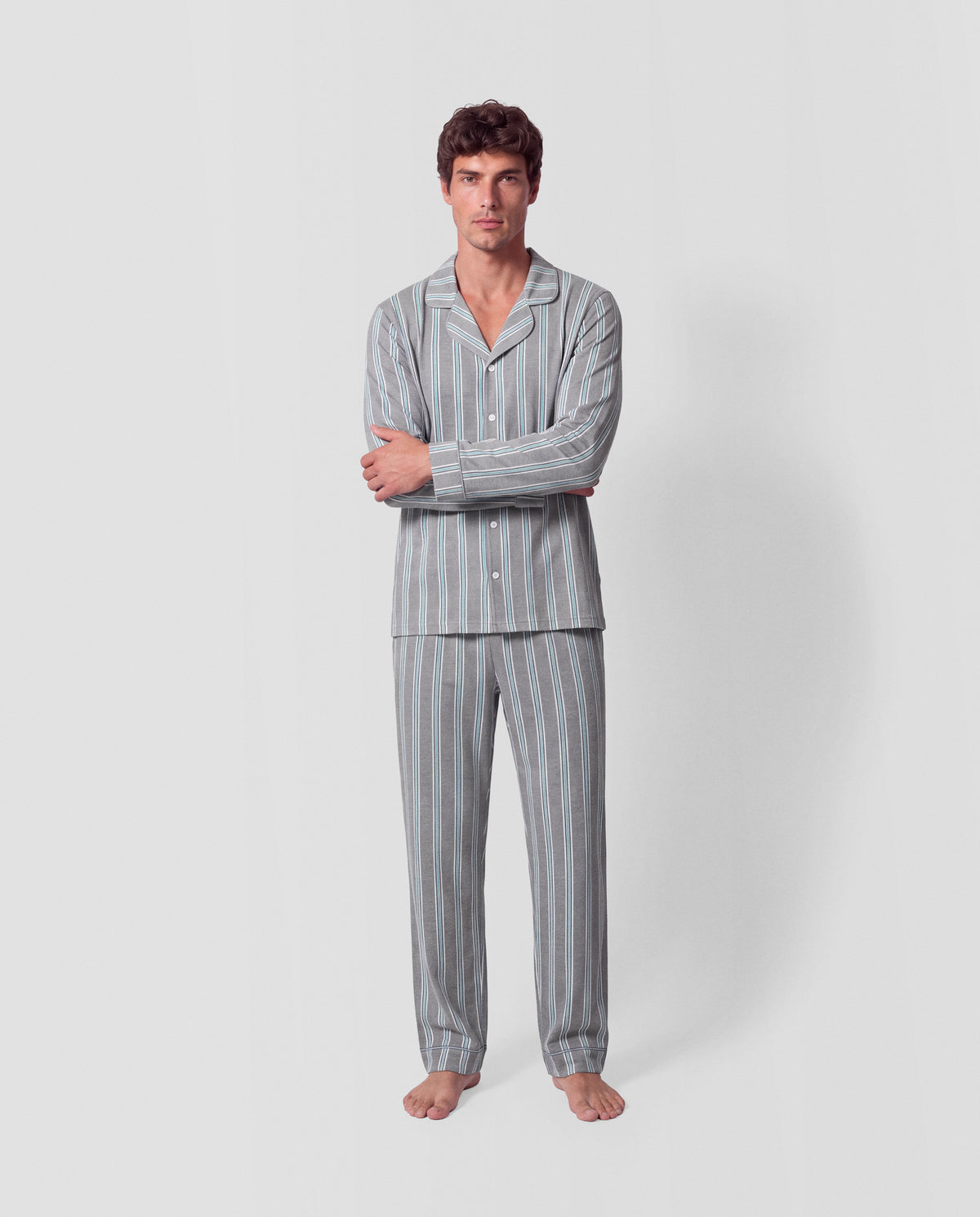 Pyjama long chemise coton rayures talea bleu vert