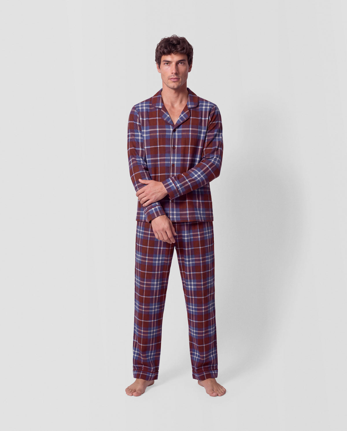 Pyjama long chemise en coton à carreaux sauron bordeaux