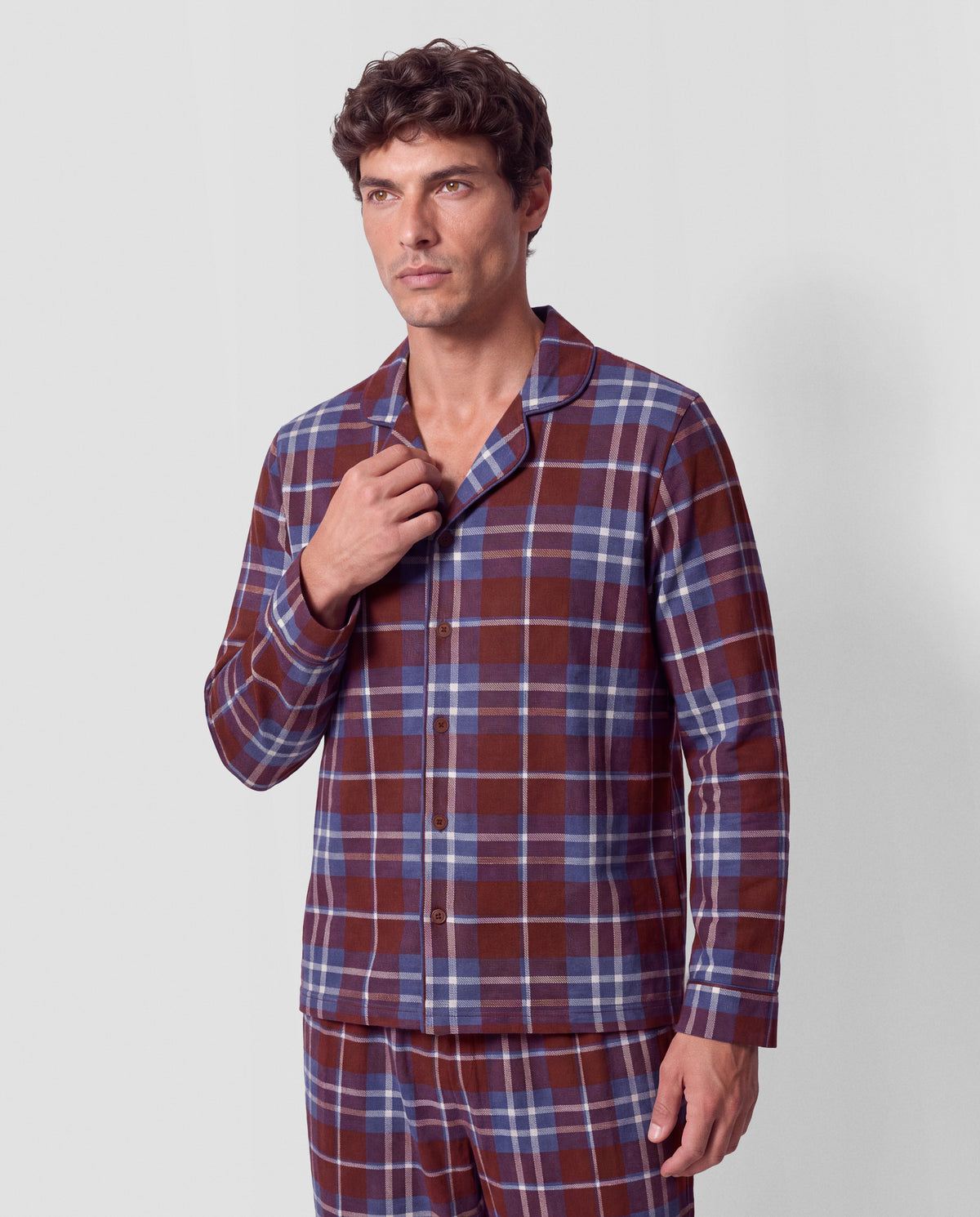 Pyjama long chemise en coton à carreaux sauron bordeaux
